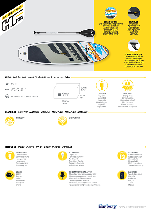 Bestway 10ft" Hydro-Force White Cap Inflatable Paddle Board SUP Set