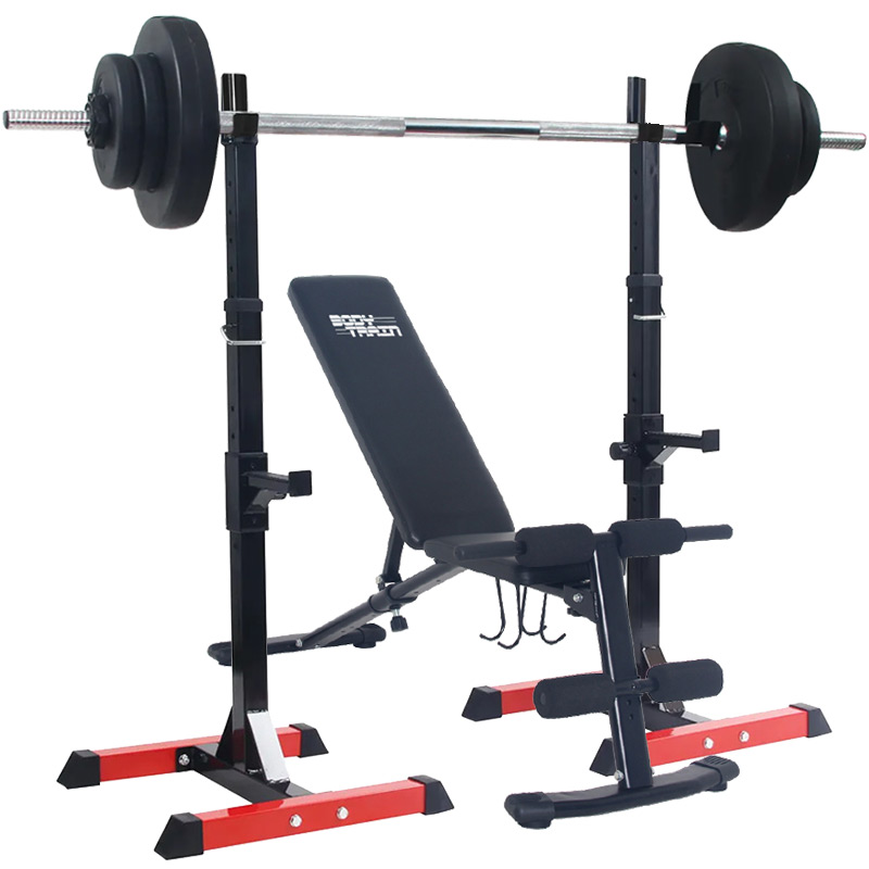 BodyTrain Adjustable Squat Rack Barbell Stands & Foldable Adjustable Weight Bench Package