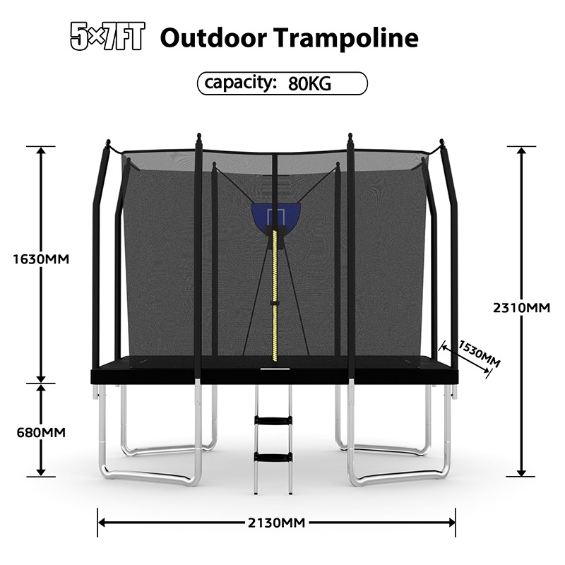 5x7ft Rectangular Trampoline with Safety Enclosure Black FREE Ladder & Basketball Game