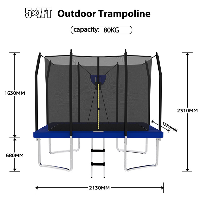 5x7ft Rectangular Trampoline with Safety Enclosure Black FREE Ladder & Basketball Game