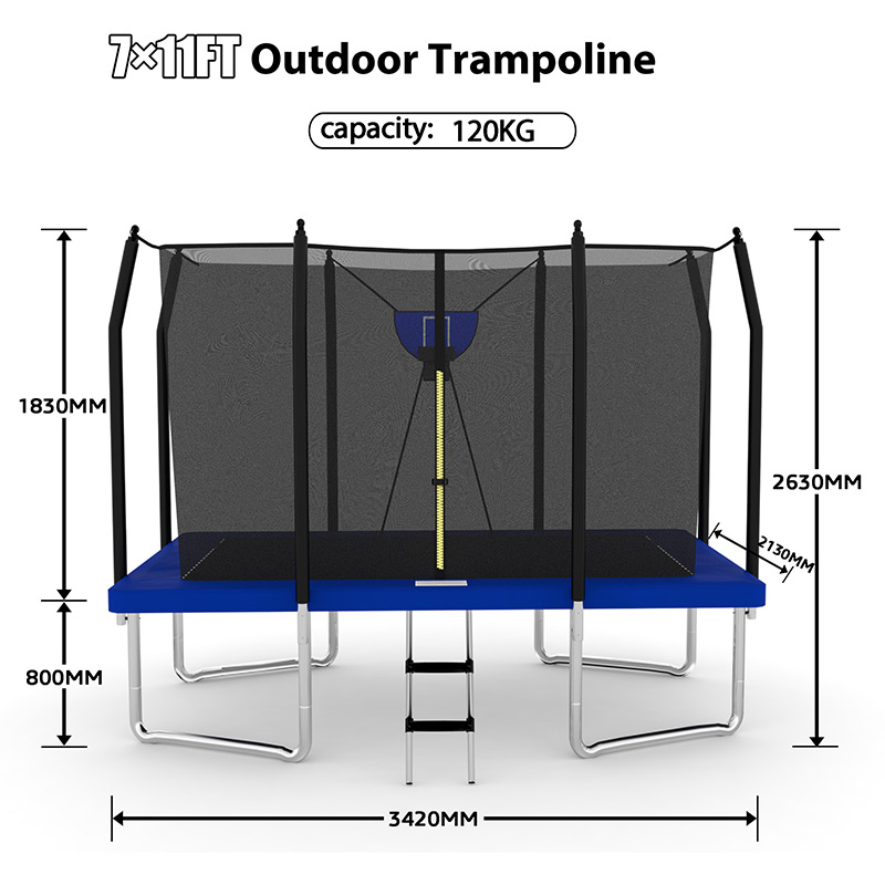 7x 9ft Rectangular Trampoline with Safety Enclosure Blue FREE Ladder & Basketball Game