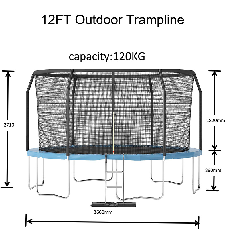 12ft Trampoline with Safety Enclosure Free Ladder Floor Mat & Socks – Black / Blue