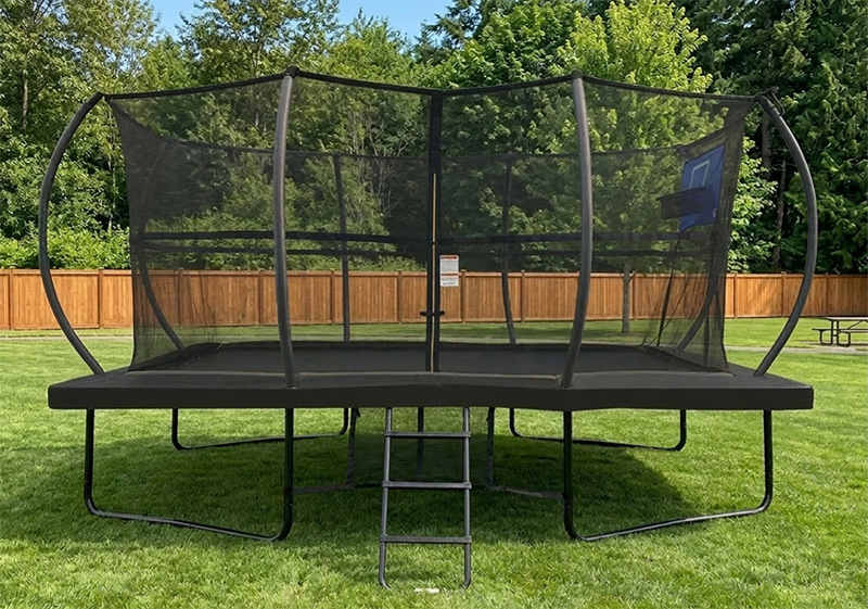 8x12ft Rectangular Powder Coated Trampoline with Safety Enclosure Black - Free Ladder Shoe Tidy Anchor Kit Basketball