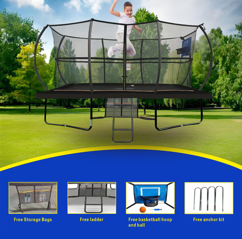 8x12ft Rectangular Powder Coated Trampoline with Safety Enclosure Black - Free Ladder Shoe Tidy Anchor Kit Basketball