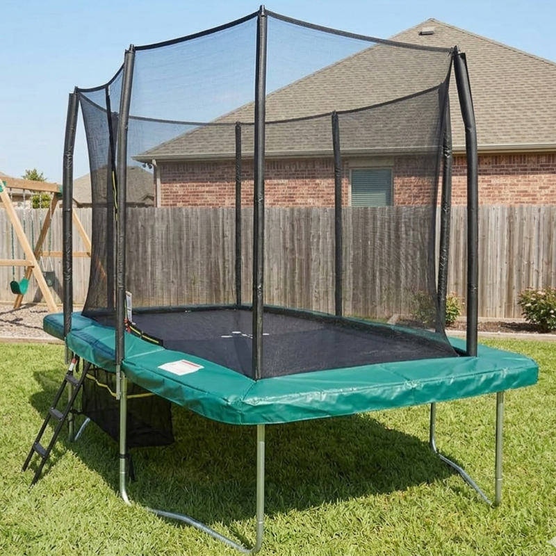 8x12ft Rectangular Trampoline with Safety Enclosure Green – Free Ladder & Shoe Tidy